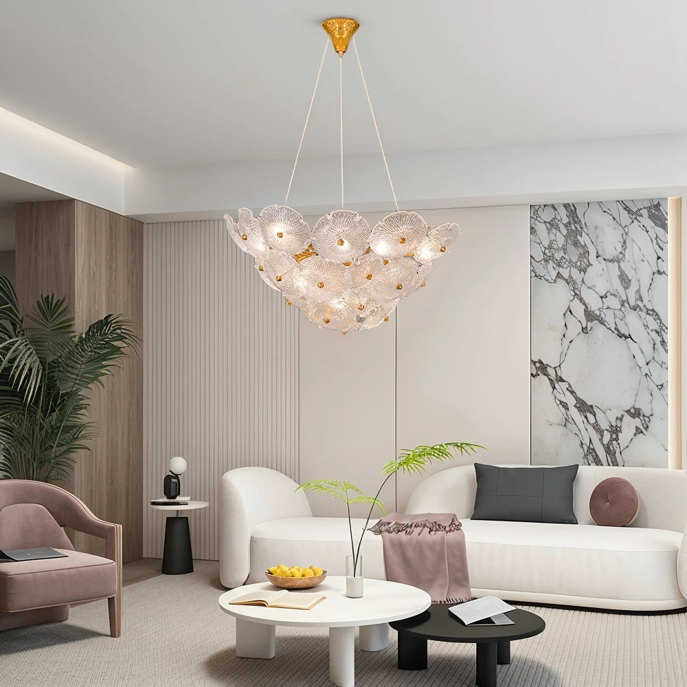 Luxury Clear Glass Chandelier For Living Room Villa Kitchen Table Gold Round Floral Pendant Light LED Ceiling Hanging Lamp