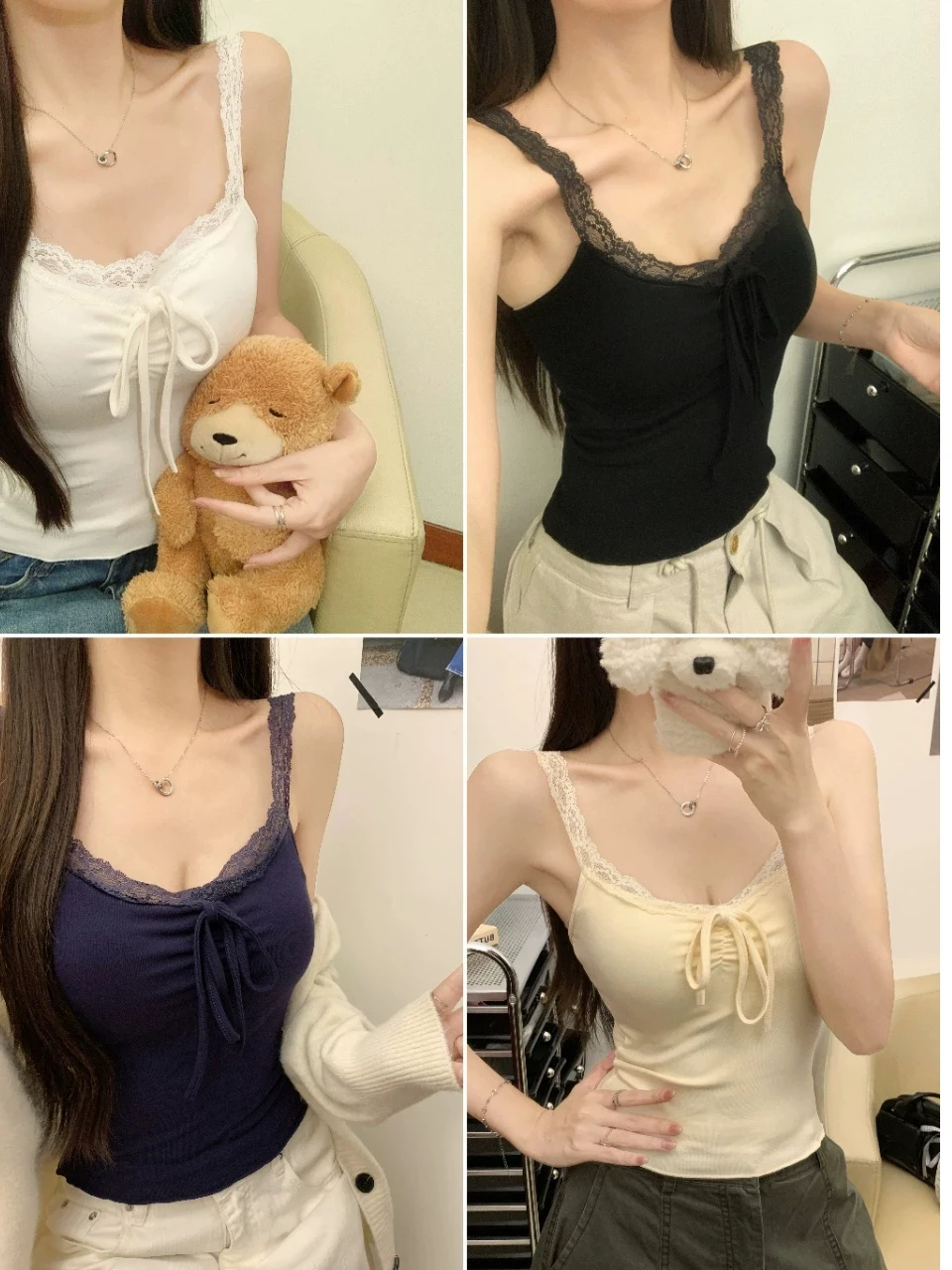 Sweet Early Autumn Lace Splice  Knot Strap Slimming Fixed Top with Chest Pad V-neck Flocking Women's Vest Blouse