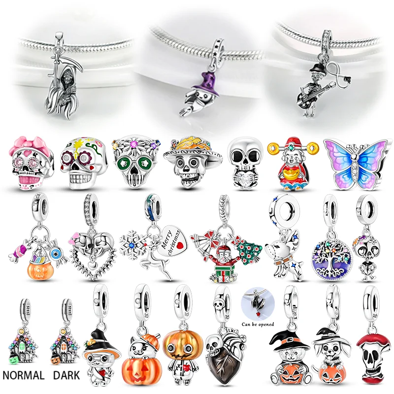 Original 925 Sterling Silver Charms Beads Halloween Haunted House Witch Pumpkin Puppy Pendants Fit Bracelet Pendant DIY Jewelry