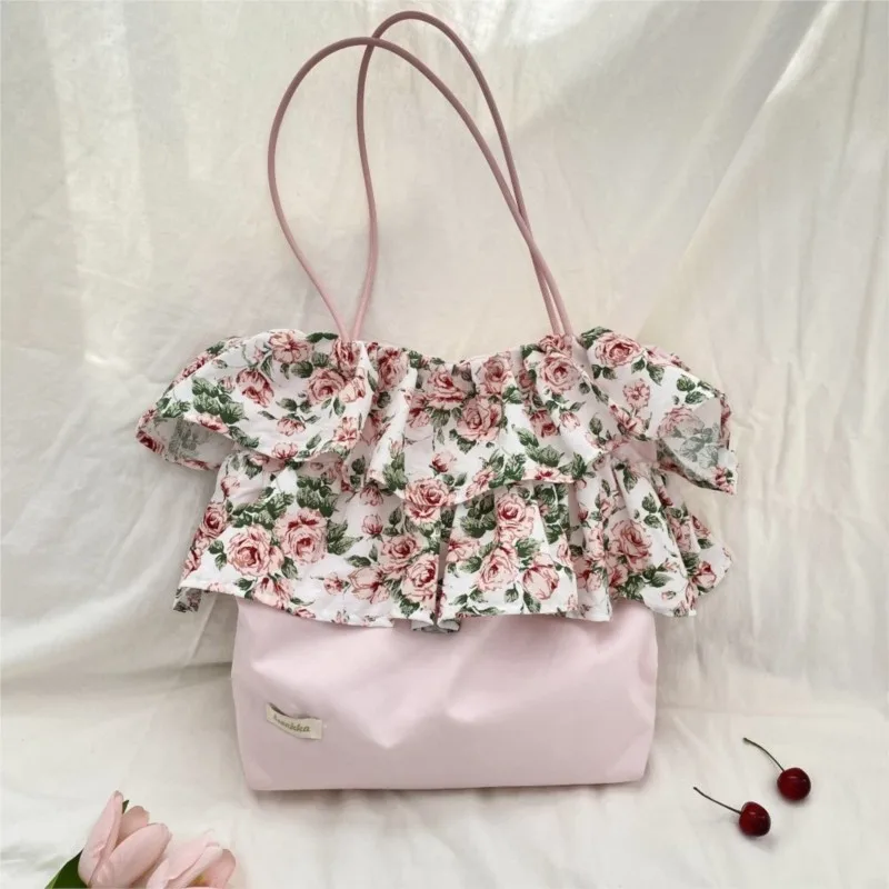 Harajuku زهرة كشكش تقليم الوردي حقائب كتف المرأة الحلو لطيف شيك Y2k حقيبة يد الإناث تنوعا سعة كبيرة حمل حقيبة 2025