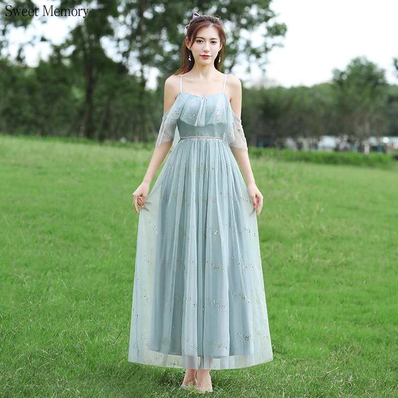 M555 Shiny Grey Green Bridesmaid Dresses Cheap Pink Girl Tulle Mesh Lace Elastic Band Graduation Wedding Guest Dress Long