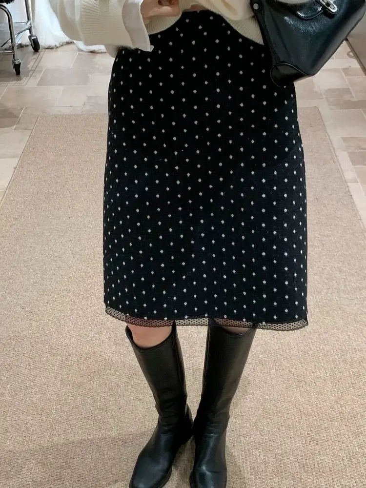 

Твидовая юбка в горошек с кружевной отделкой в стиле ретро для женщин, прямой крой, пять деталей, высокая талия, зимнее новое поступление, винтажное платье