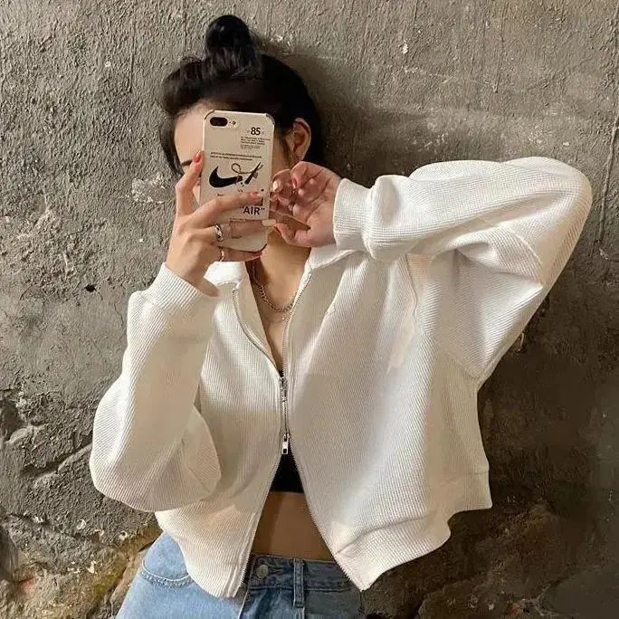 Zipper Hoodie Jacket  Collar Short Loose Female Student Spring Autumn New Style Harajuku Style Ins Trendy Polyester Fiber