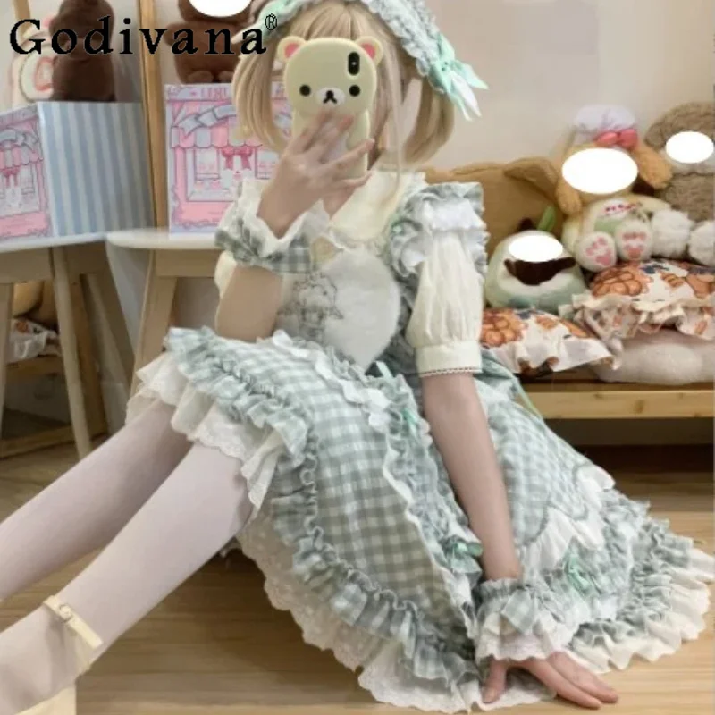 Lolita Sweet Lace Ruffles Slash Neck Plaid Suspender Dress Fashion High Waist A-line Age Reduction Cake Princess Party Dresses