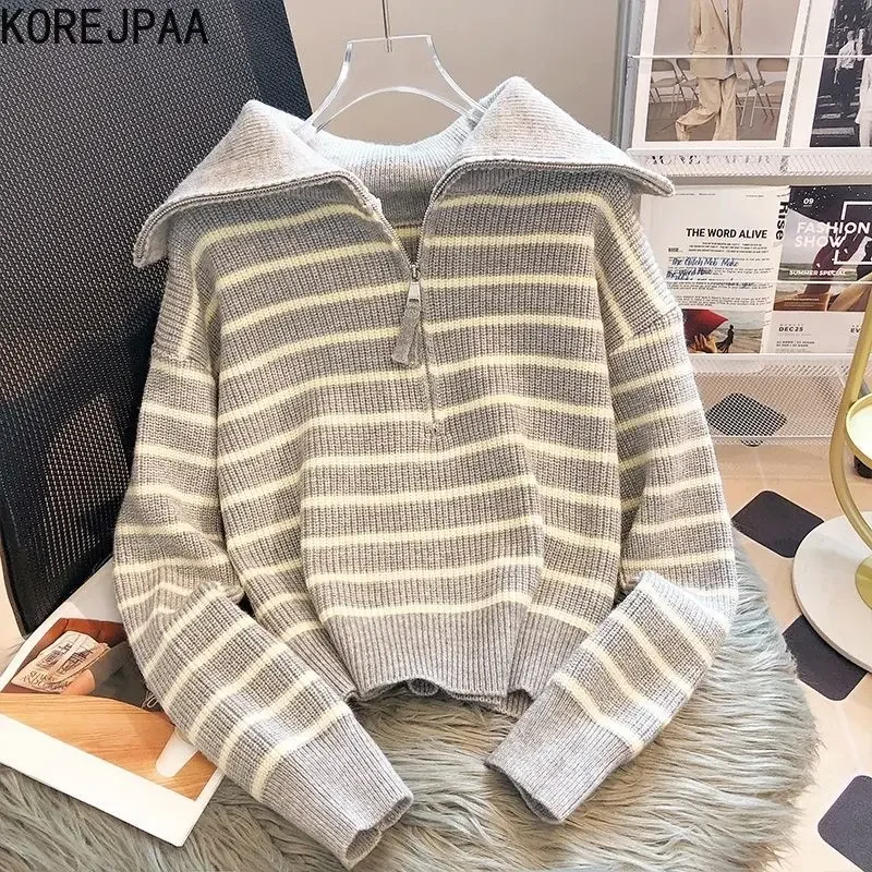 Korejpaa Striped Turn-down Collar Sweaters Women Half Zipper Pullover Top Autumn Winter Korean Style Knitted Pull Femme