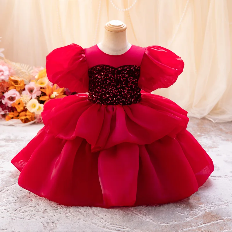 Girl\'s New Mesh Bubble Sleeves Sequin Fluffy Skirt Birthday Party Wedding Flower Girl School Stage Drama Performance Dress