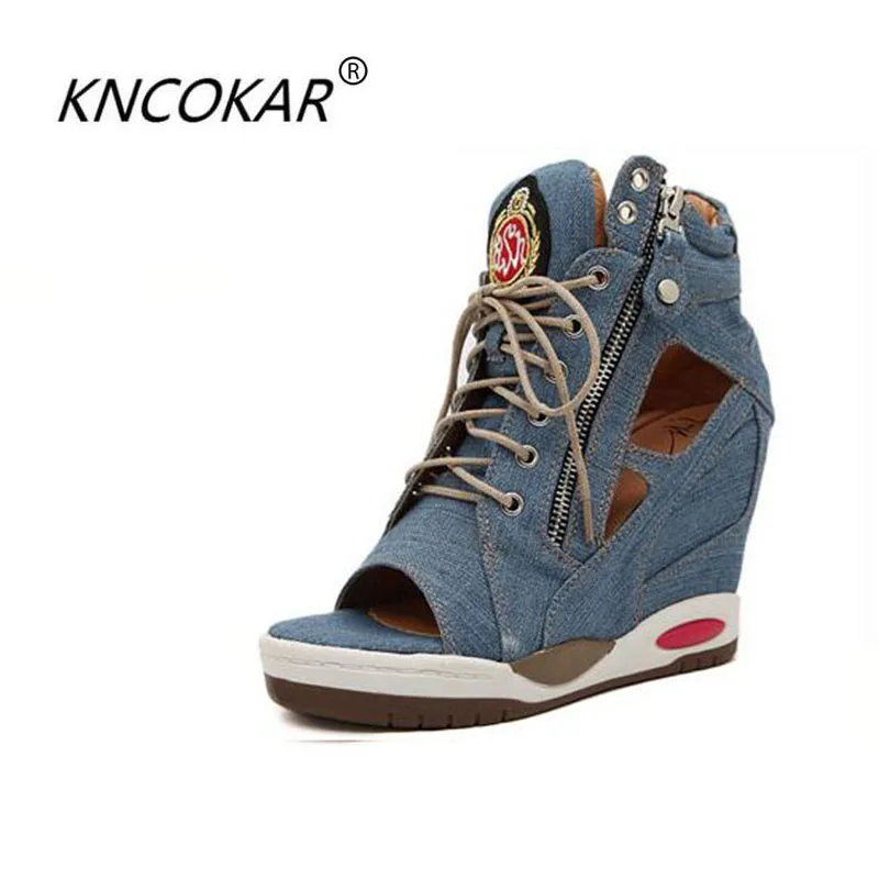 

In summer increased wedge heels fashion sexy boots and waterproof Taiwan denim canvas belt fish mouth open-toed sandals women