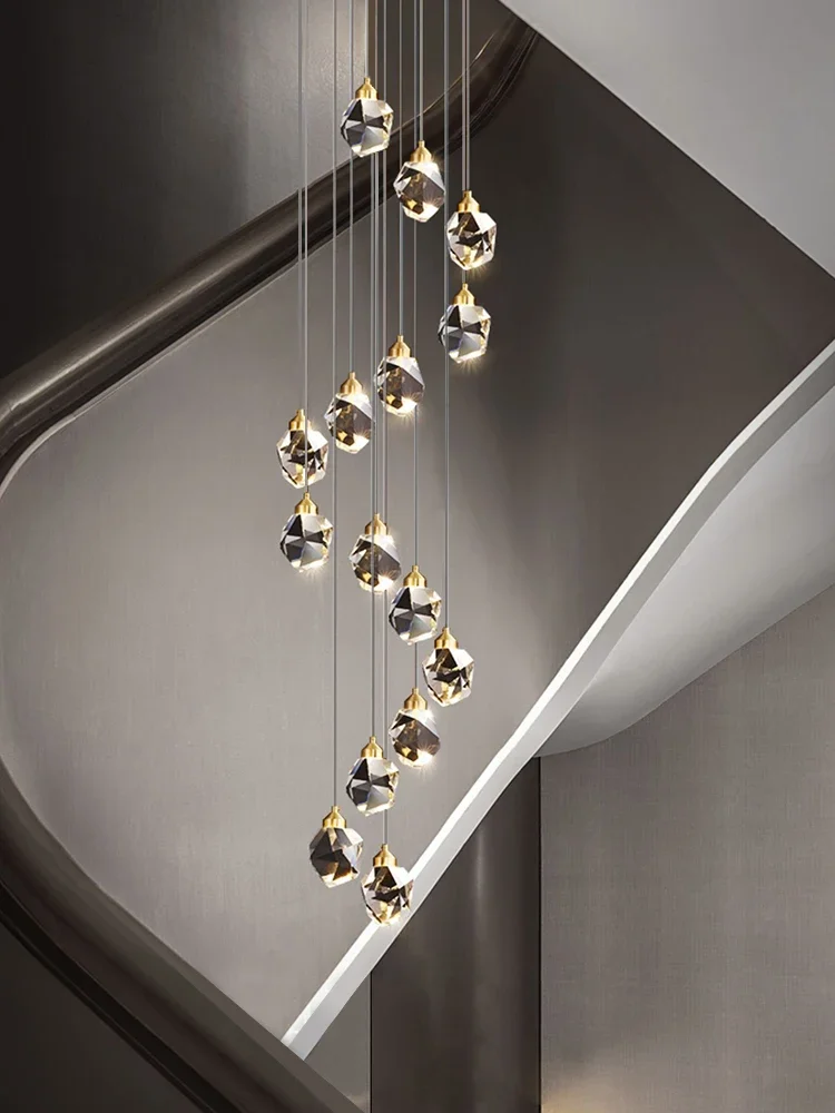 Nordic Stairscase Crystal Ceiling Chandeliers for Living Room Loft Stairway Hallway Loft Diamond Crystal  Hanging Chandelier