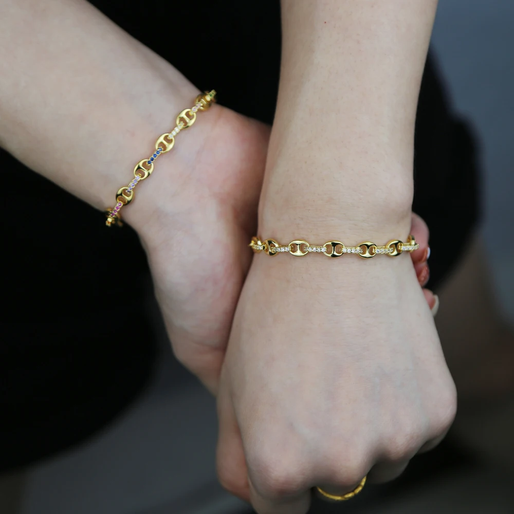 2026 New Gold COLOR Colorful Round Cz Charm Connector Rainbow Zircon Paved For Women Party Punk Hip Hop Bracelet Jewelry