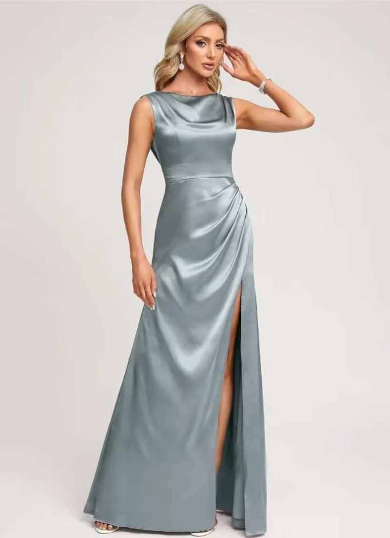 

Women's Boat Neck Prom Dress A Line Satin Bridesmaid Dresses with Slit Simple Mother of The Bride Dress