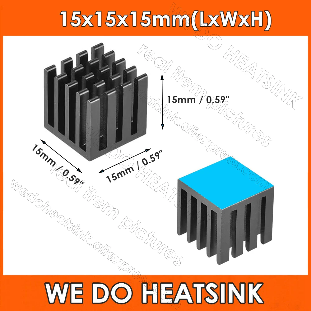 15x15x15mm Black Slotted Tone Aluminum Heatsink Radiator 0.59 inch for MOS IC Chip with pre Applied Thermal Pad