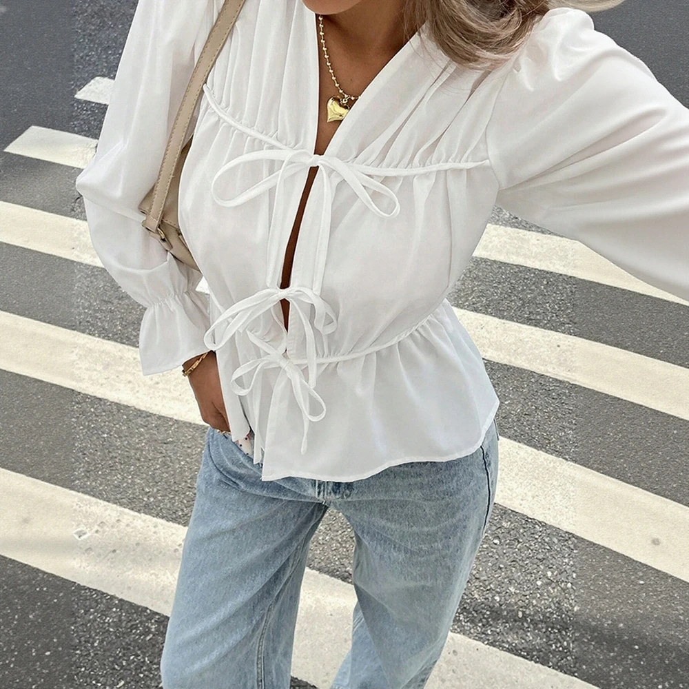 

Всесезонные женские рубашки 2025 года. Простые однотонные рубашки с длинными рукавами и открытой передней частью на шнуровке. Повседневные базовые облегающие рубашки.