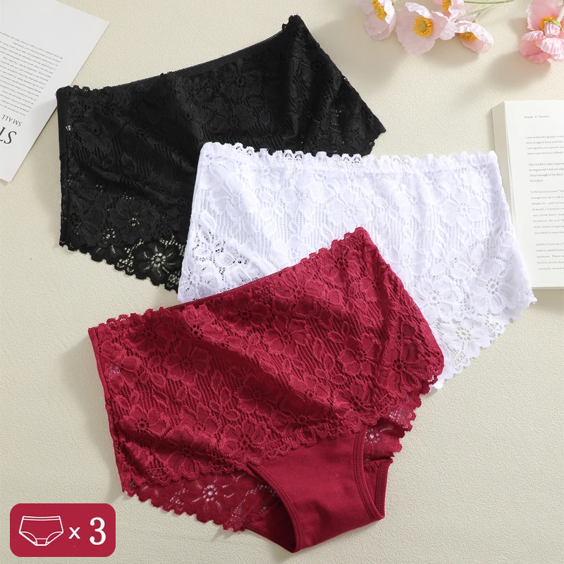 FINETOO 3Pc Sexy Lace Hollow Panties Women Lace Patchwork Comfortable Underwear Solid Color Floral Embroidery Intimates Lingerie
