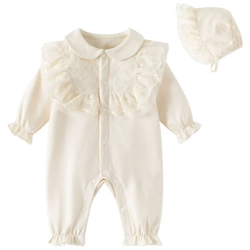 

2Piece Sets Spring Autumn Baby Girl Clothes Korean fashion Cute Lace Peter Pan Collar Princess Jumpsuits+Hat Newborn Items B281