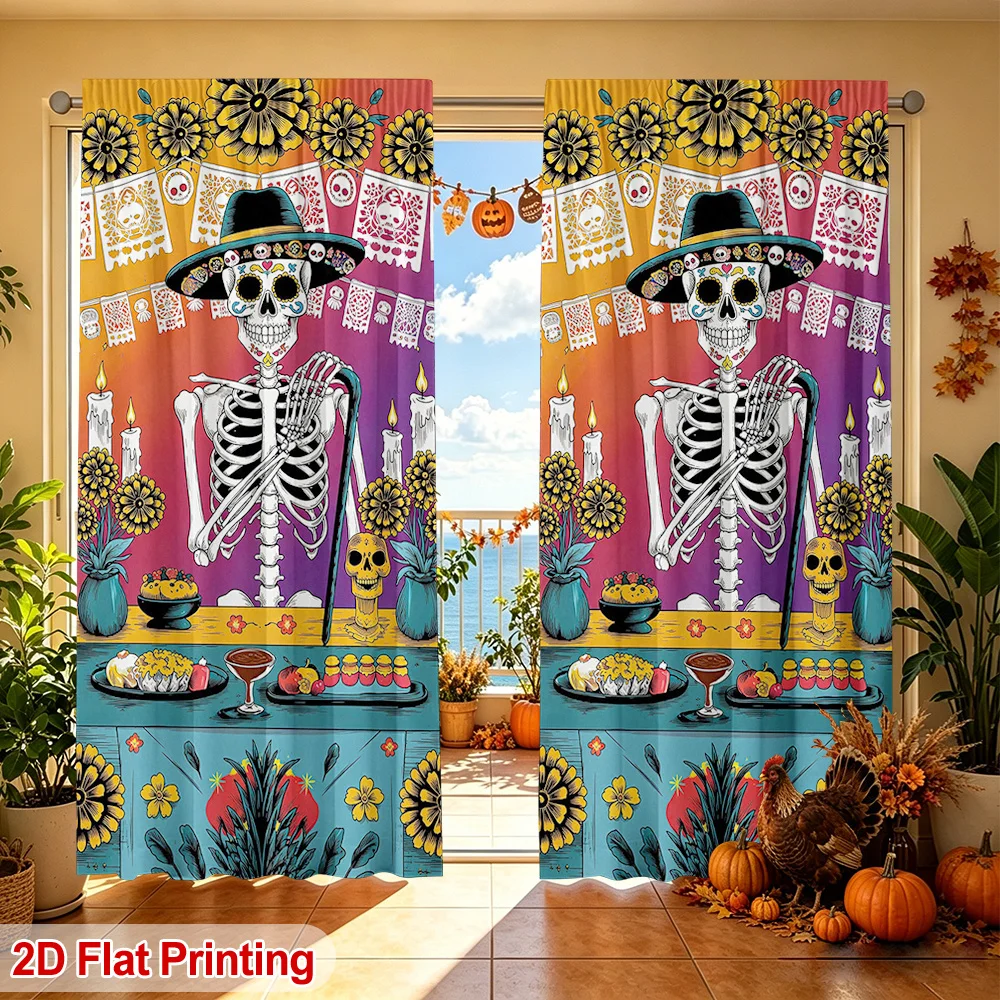 2PCS Digital Print Curtains, Halloween Skeleton Skull Colorful Pattern, Spooky Gothic Style for Halloween Party Home Decor