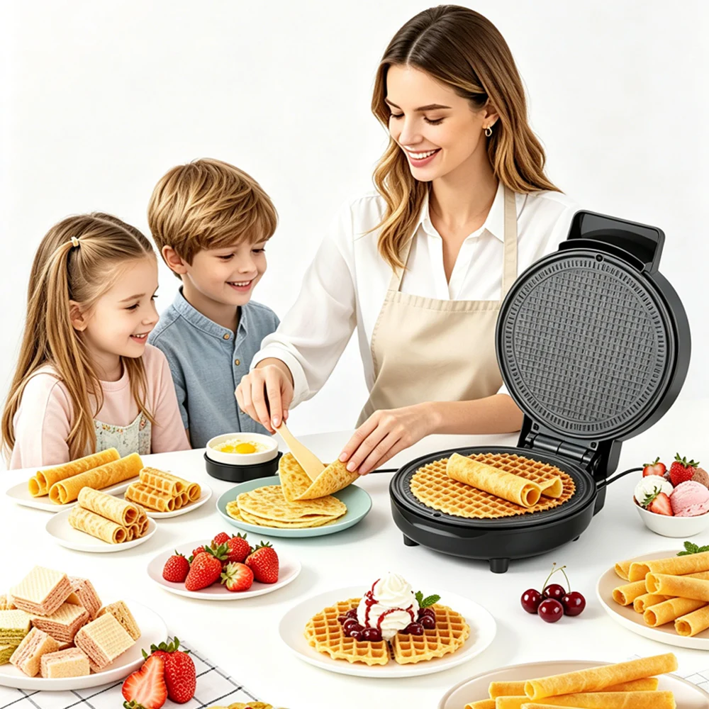 

Электрическая вафельница для домашнего использования, 1000 Вт, быстрый нагрев, для хрустящих вафель, тонких бисквитов, блинчиков, крепов, 220 В