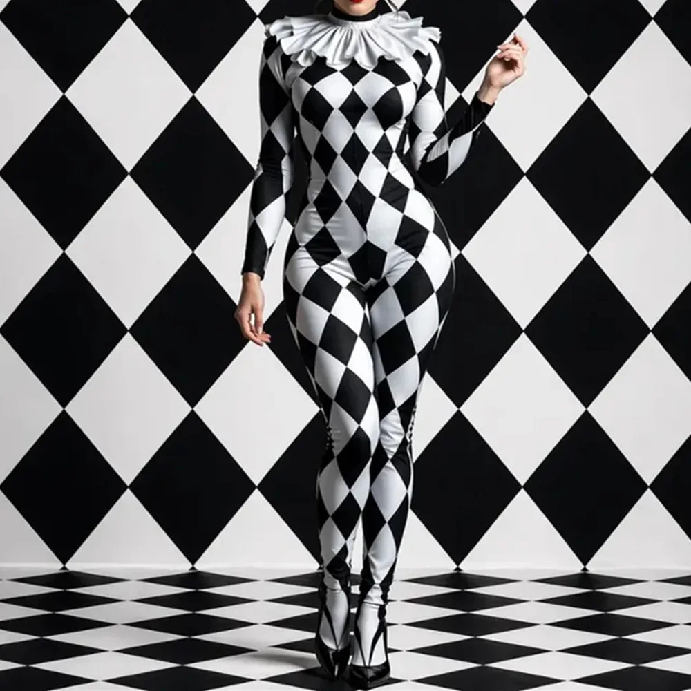 IOOTIANY Diamantgitter-Clown-Zentai-Jumpsuit, Spatenmuster-Gestreifter Zirkus-Bodysuit, Unregelmäßiges Bühnenkostüm für Halloween-Party-Aufführungen – Detail 3