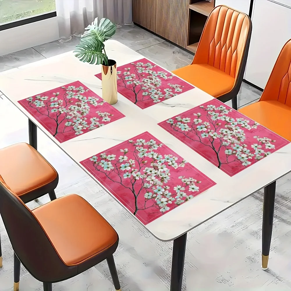 4pcs Dogwood Blossom Placemats Spring Floral Print Pink Background Washable Polyester Table Mats for Dining Kitchen Home Decor