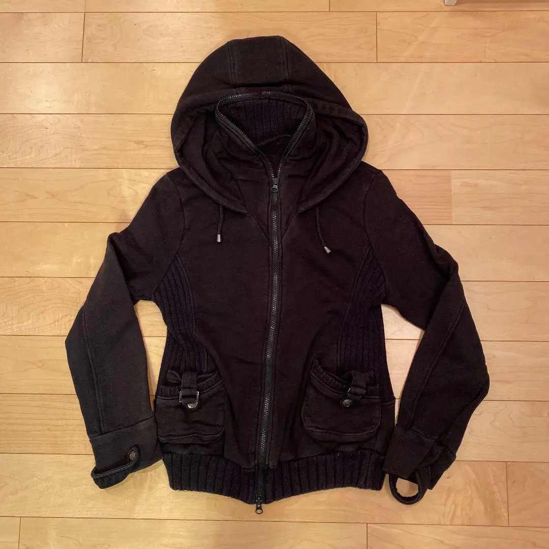 American Harajuku Retro Schwarz Reißverschluss Hoodie Damen Gothic Kragen Langarm Gefaltet Hoodie Mode Hip Hop Winter Sport Jacke