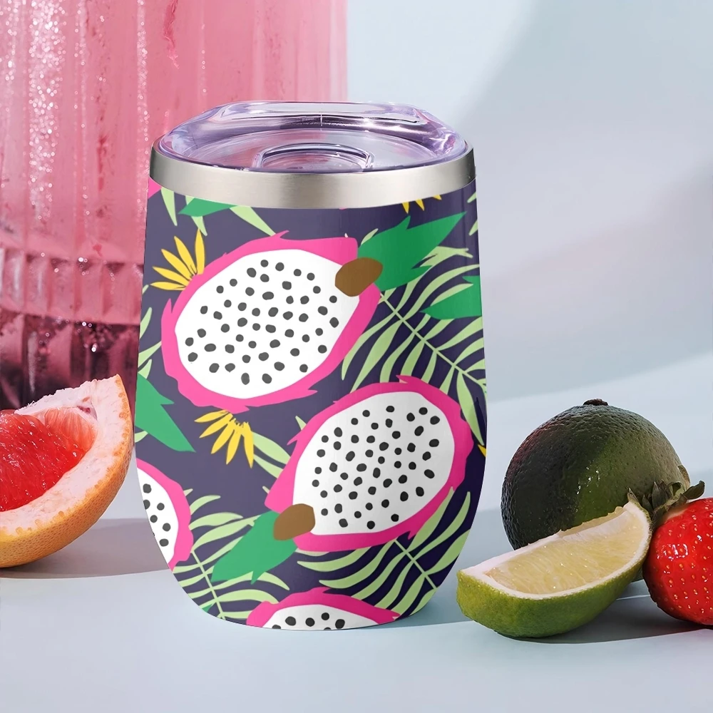Termos de Acero Inoxidable de Doble Pared con Aislamiento al Vacío de 12oz, con Tapa, para Bebidas Frías y Calientes, Diseño de Fruta Pitaya y Semillas Negras, Regalo