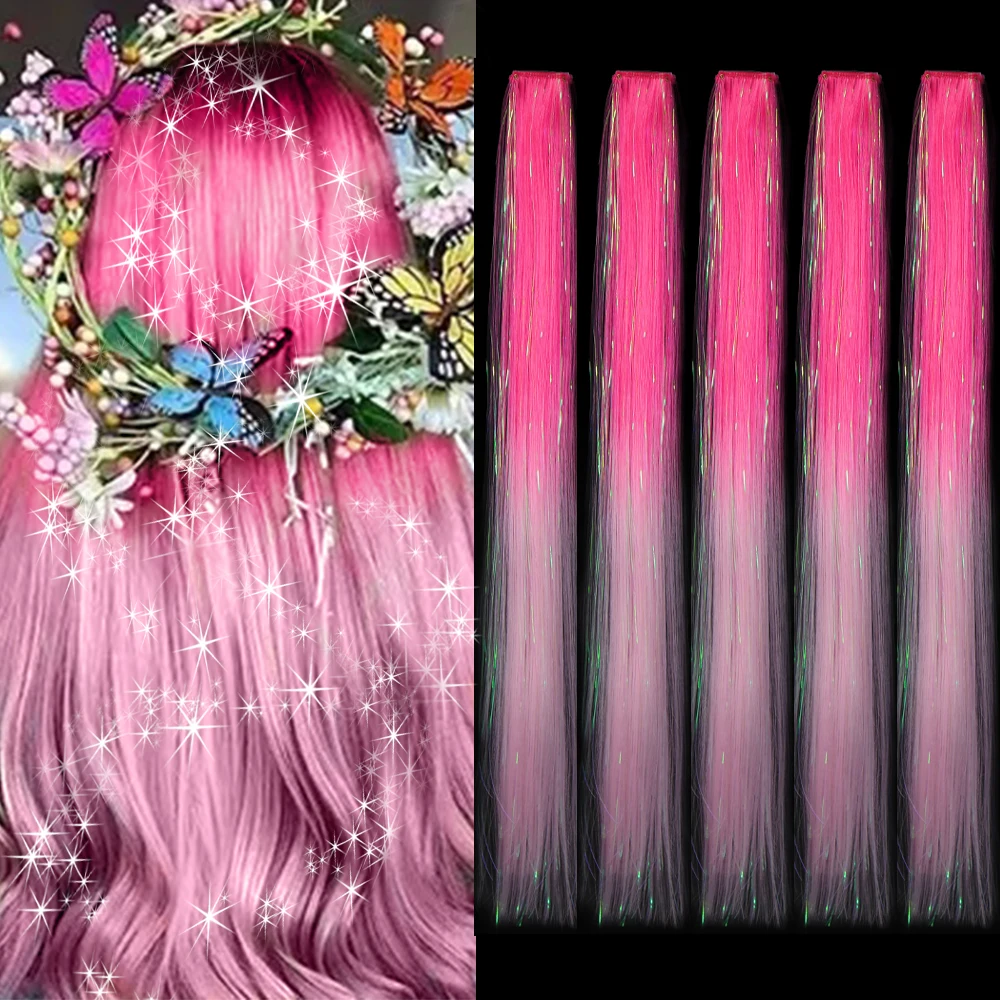 20 Inches 5pcs Synthetic Colored Clip In Hair Extensions with Tinsel Long Straight Hairpieces , Cosplay Fashion Party Gift