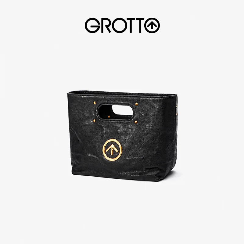 GROTTO Black Stone CARRY Small Italian Vegetable-Tanned Lambskin Handbag Crossbody Bag Portable and Simple