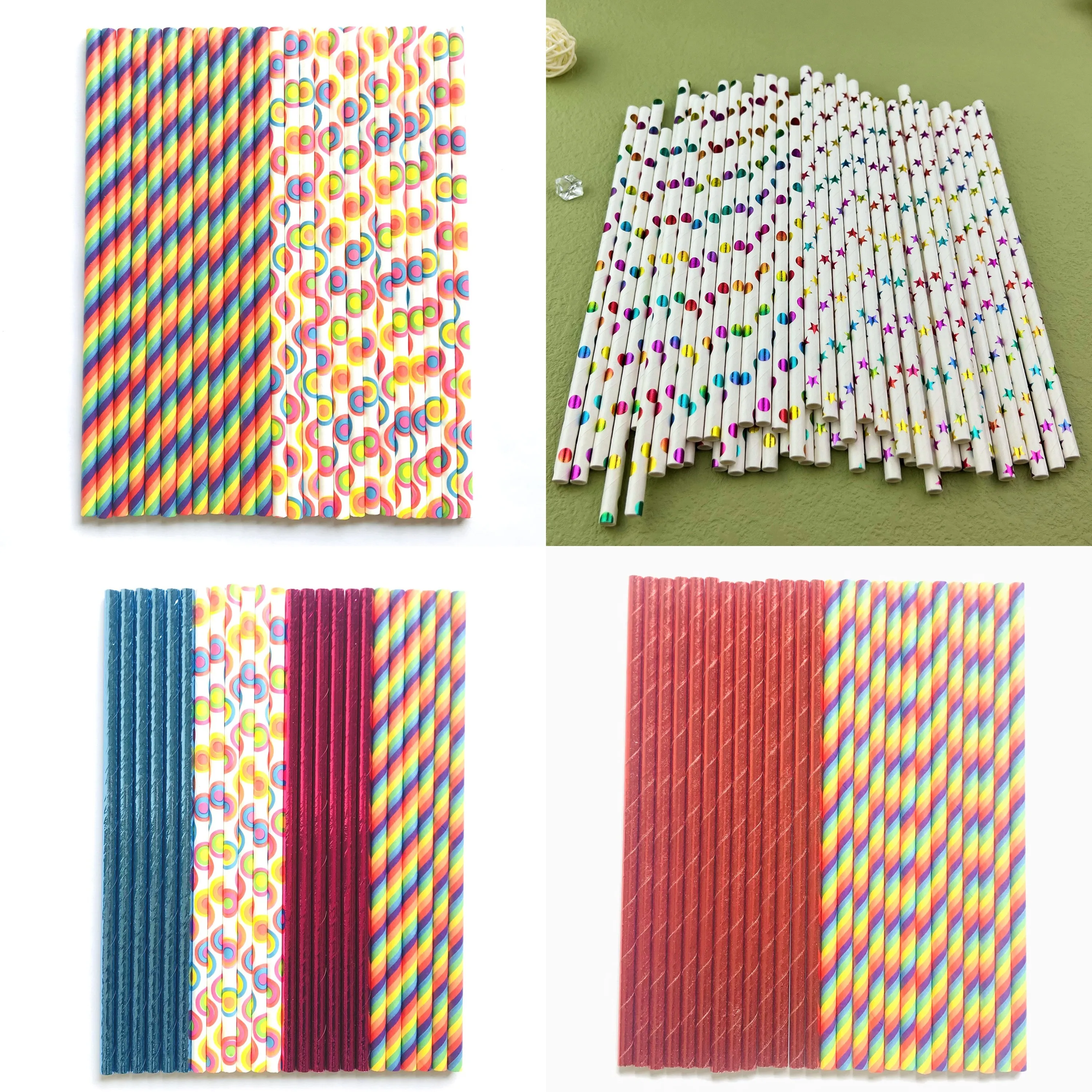 

100 Pcs Rainbow Party Paper Straws,Colorful Stripe Dot Circle Star Metallic Foil Carnival Gay Pride Day Kids Birthday Cute Fun