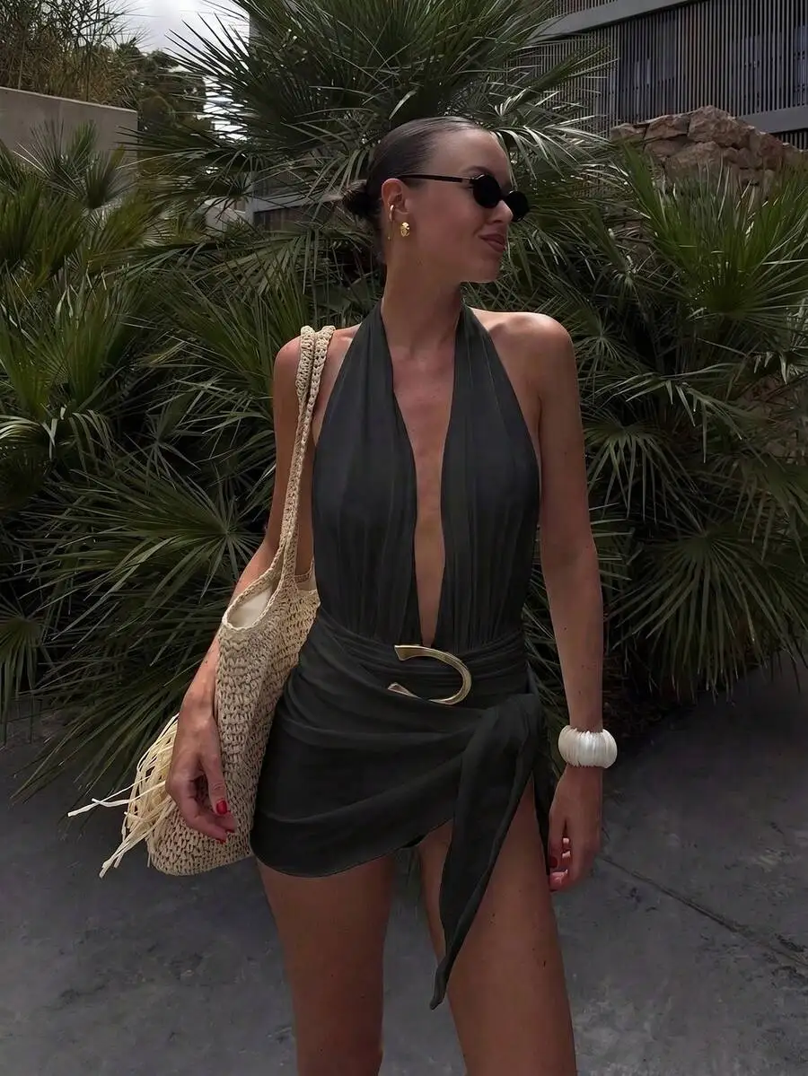 

Womens Halter Deep V-Neck Wrap Dress With Metal Buckle Waist, Resort Style For Beach Travel Party