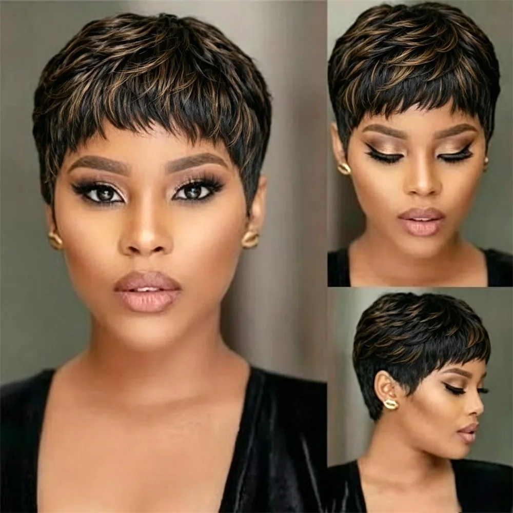 Brown Blonde Human Hair Wigs 180% Short Pixie Cut No Lace Glueless Wig Soft Natural Short Pixie Cut Wig Human Hair For Women