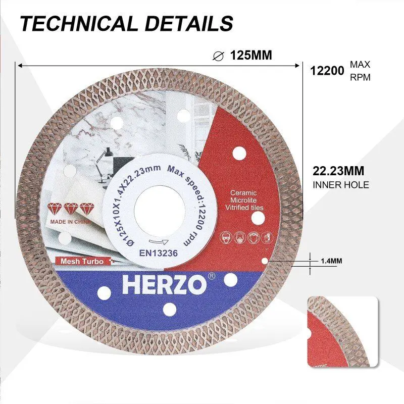 HERZO 3PCS 125MM Tile Diamond Cutting Disc Mesh Turbo Edges Ceramic Marble Dry&Wet Cutting Blade Power Tools Accessories