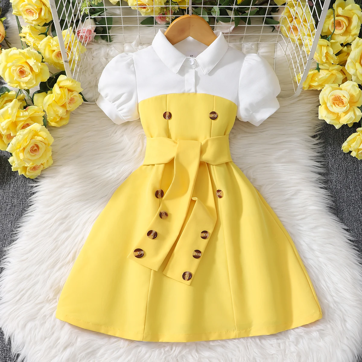 Yellow and white color-blocked short-sleeved princess dress for girls aged 4-7, with a belt included.