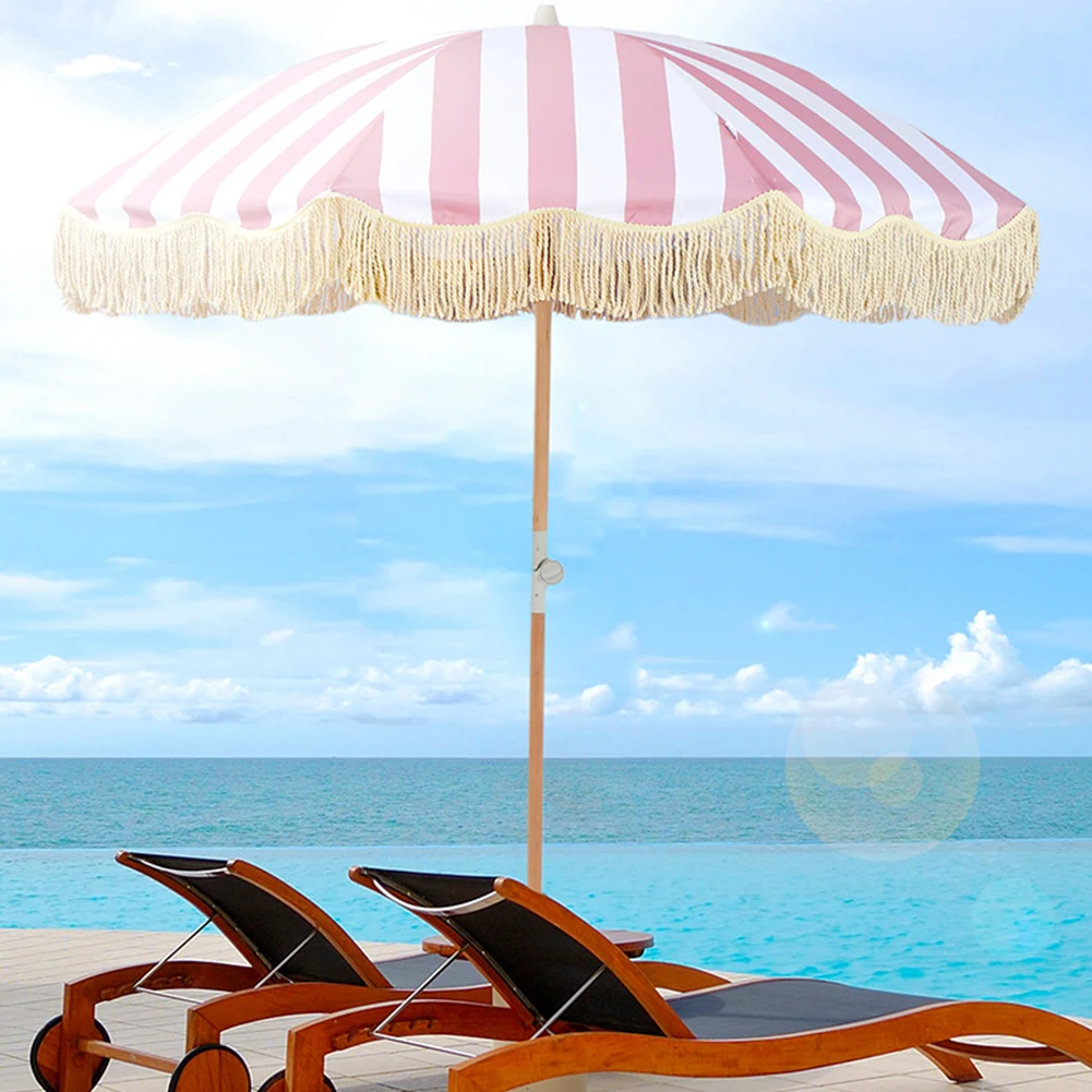 

Striped Patio Umbrella with Fringe Beach Umbrella with Tilt Pole Sun Shelter for Balcony Terrace Swimming Pool Beach Garden