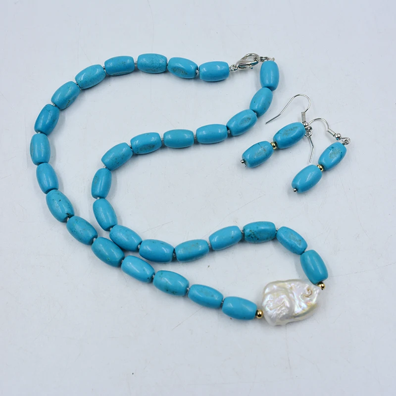 كلاسيكي 8 ملم حجر شبه كريم طبيعي. طقم أقراط قلادة من اللؤلؤ الباروكي مقاس 17 بوصة