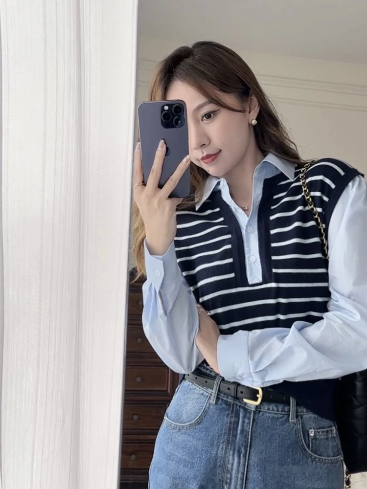 

Blue Stripe Y2K Sle irt by Zhang ei Long Sve Slim Fit Faion Top Polyester Blend Fiber Casual Busin irt