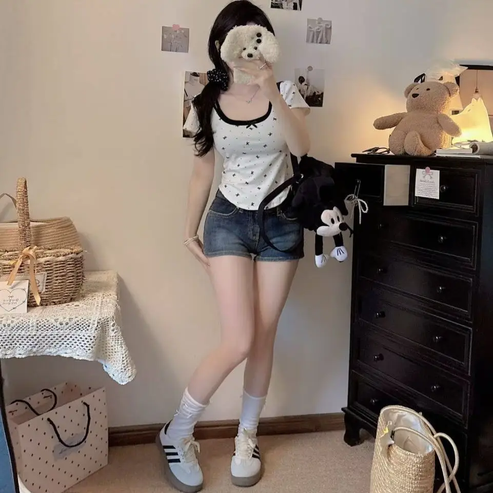 

Summer New Sle Korean Design Knot Print ort Sve Slim Fit Women's T-irt Trendy Commute Lady Creative Pattern