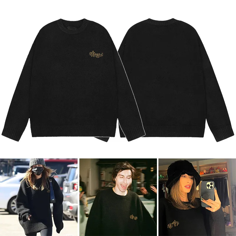 Drew House Premium Quality Embroidered Letter Print Oversized Unisex Couple's Crew Neck Thickened Knit Sweater