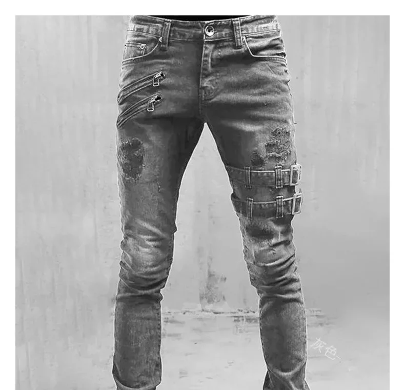 Men Holes Distressed Jeans Pencil Pants Mid Waist Slim Fit Zippers Denim Ankle Length Trousers 2025 Casual Streetwear Denims