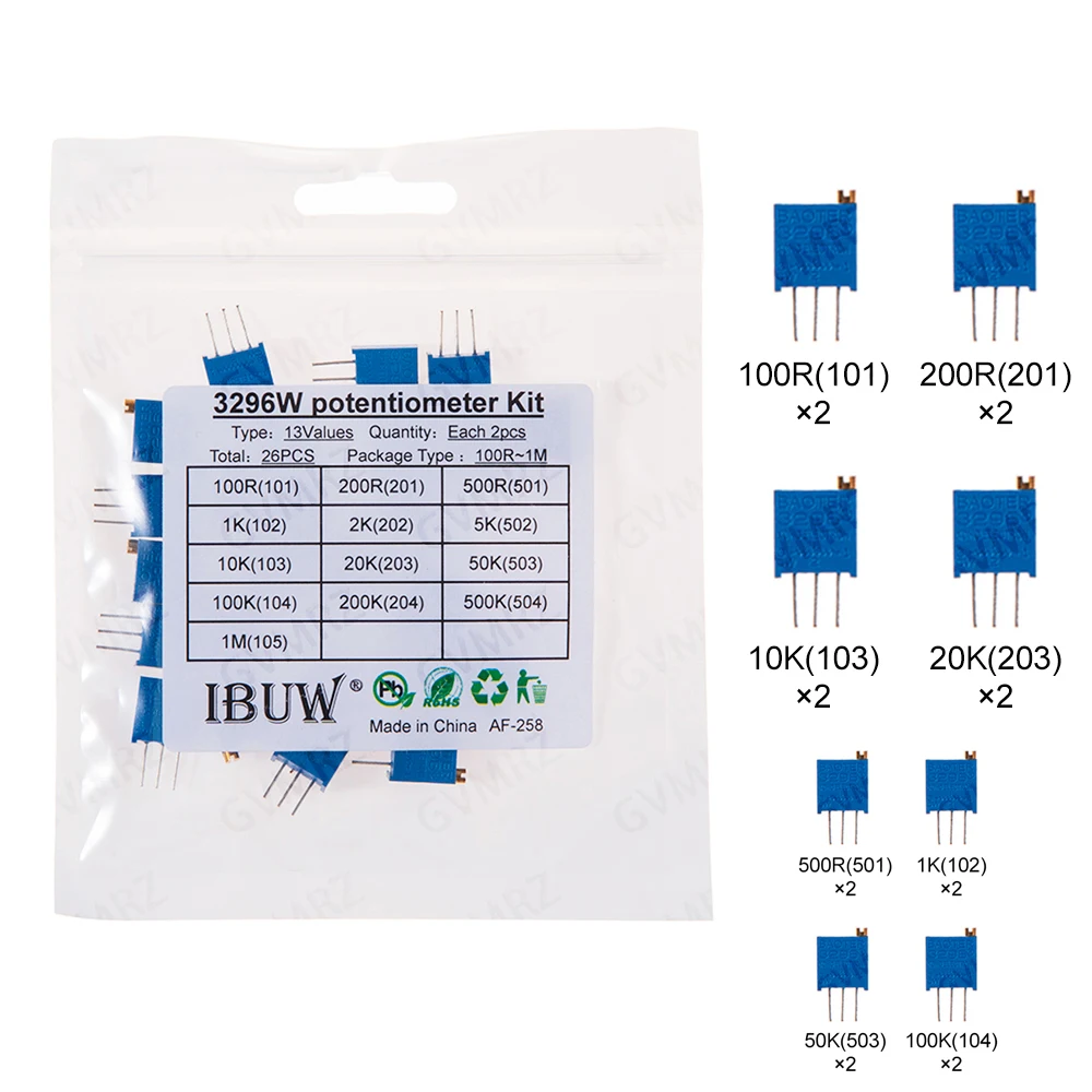 26PCS 13Values 500R 3296W Potentiometer Kit (100R-1MΩ) for Precision Electronic Equipment Tuning & Circuit Prototyping 100R 200R