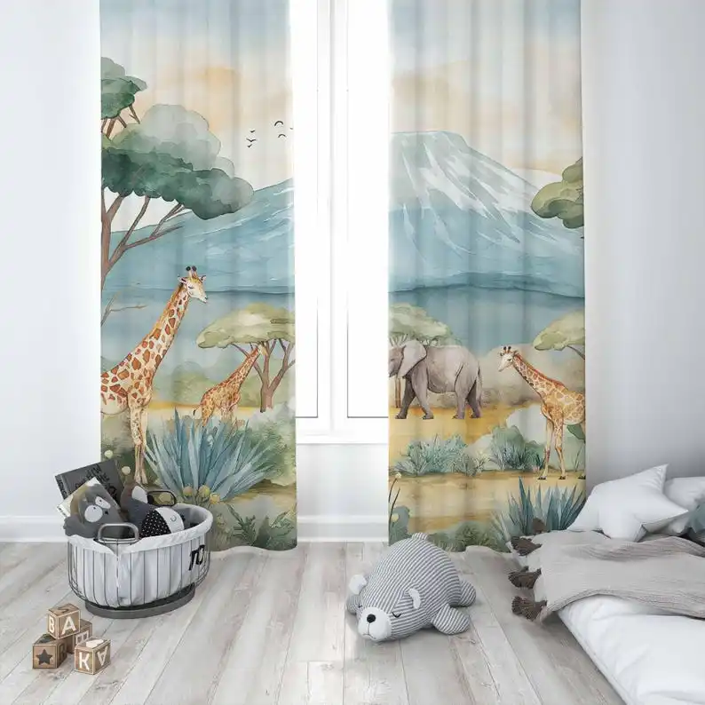 Safari Animals Kids Curtains Baby Boy Room Curtain Blackout Curtain Nursery Child Room Toddler Playroom Curtains