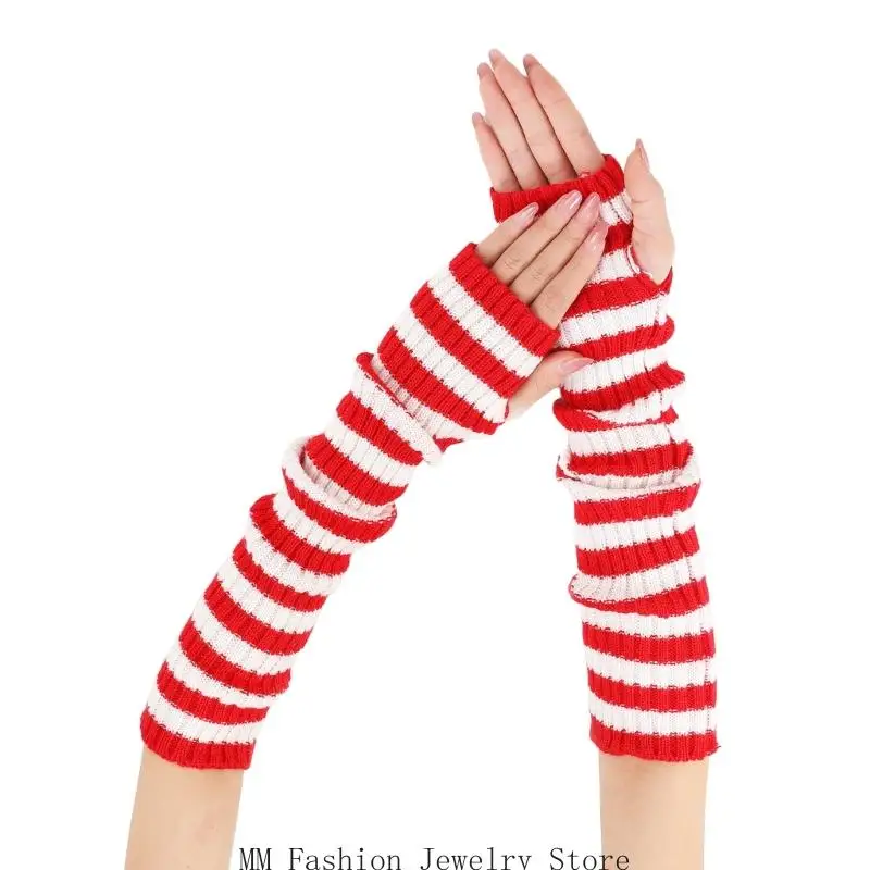 D0UB Mode gestreifte halbe Fingerhandschuhe gestrickte Manschetten kaltes Wetteraktivität