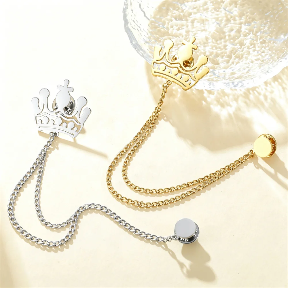 1PC Crown with Double layer Tassel Chain Brooch Royal Crown Brooch Stainless Steel Business Jacket Decoration Party Jewelry