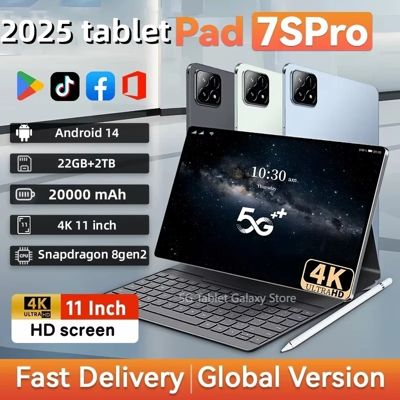 

2025 New7S Pro Tablet with Snapdragon 8gen2 4K Screen 22GB RAM 2TB Storage Android 14 System Dual-Mode 5G and Wi-Fi 20000mAh