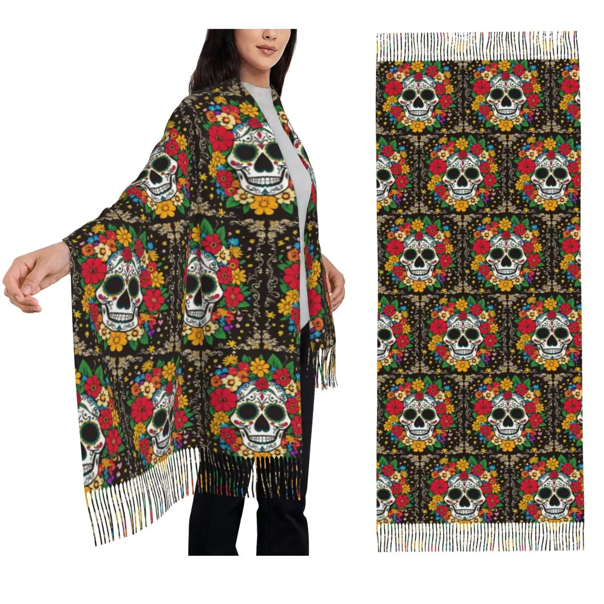 

Mexican Floral Skull Scarf Tassel Scarves Women Soft Warm Shawls and Wraps Large Fall Winter Shawl Wrap