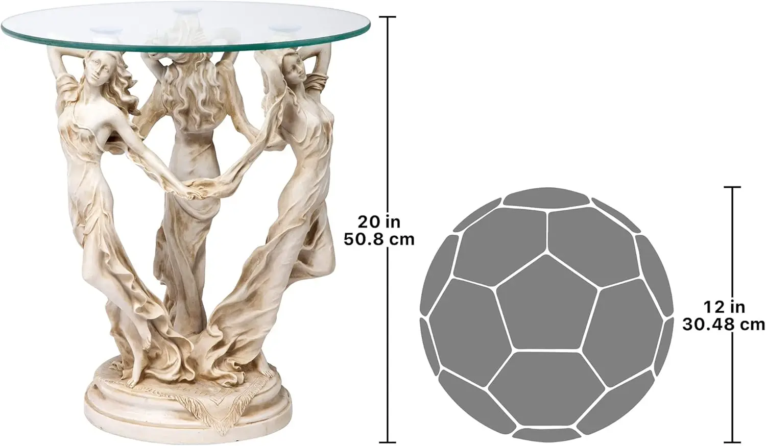 The Greek Muses Classic Glass-Topped Side Table, 18 Inches Wide, 18 Inches Deep, 20 Inches High, Handcast Polyresin