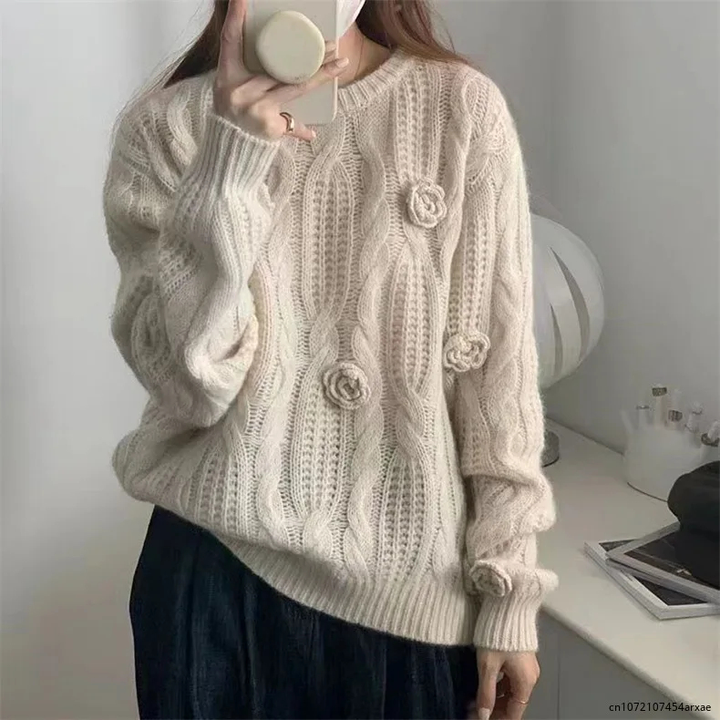 

Women Diamonds Beaded Geometric Jacquard Pullovers Floral Embroidery Sweater Long-Sleeved Sweaters High Waist Knitwear Sueter