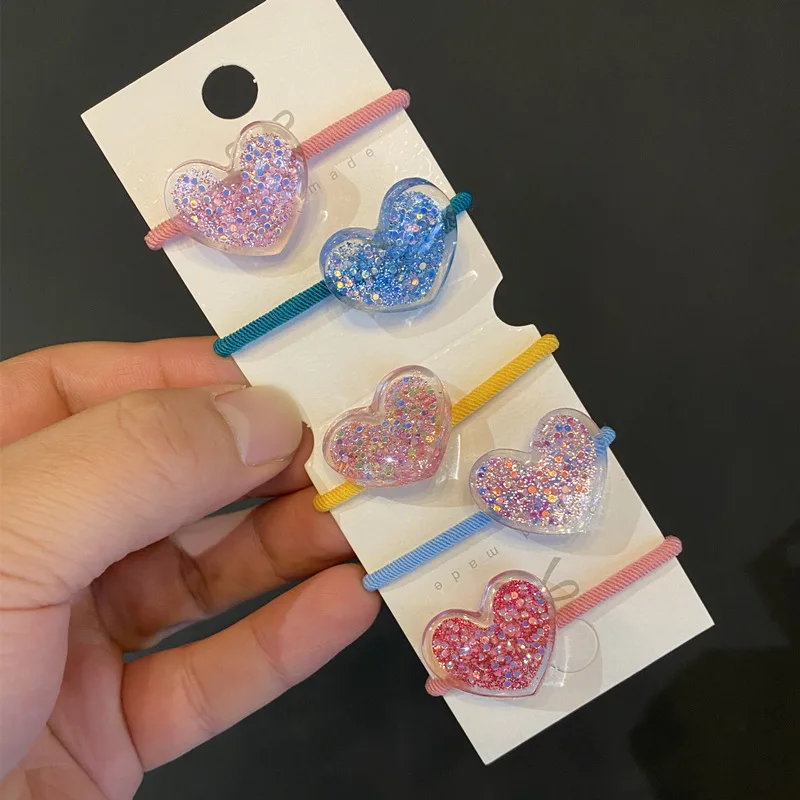 Hair Ties Glitter Heart Star Pattern Korean Cute Elastic Bands for Girls Daily School Party Premium Soft Comfortable