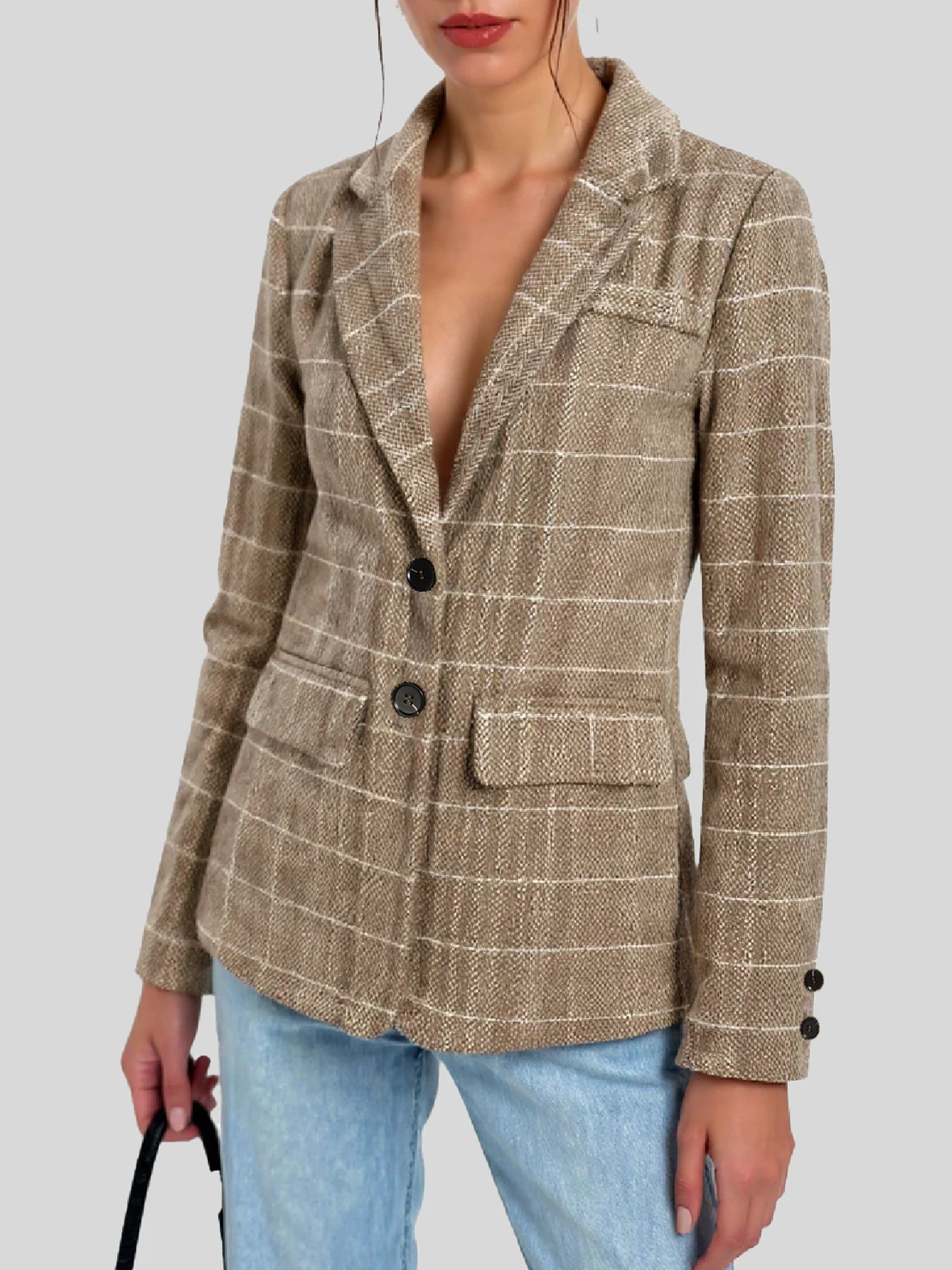 Women Plaid Blazer Notched Lapel Two Button Long Sleeve Jacket Vintage Houndstooth Check Outerwear Lady Casual Office Suit Coat