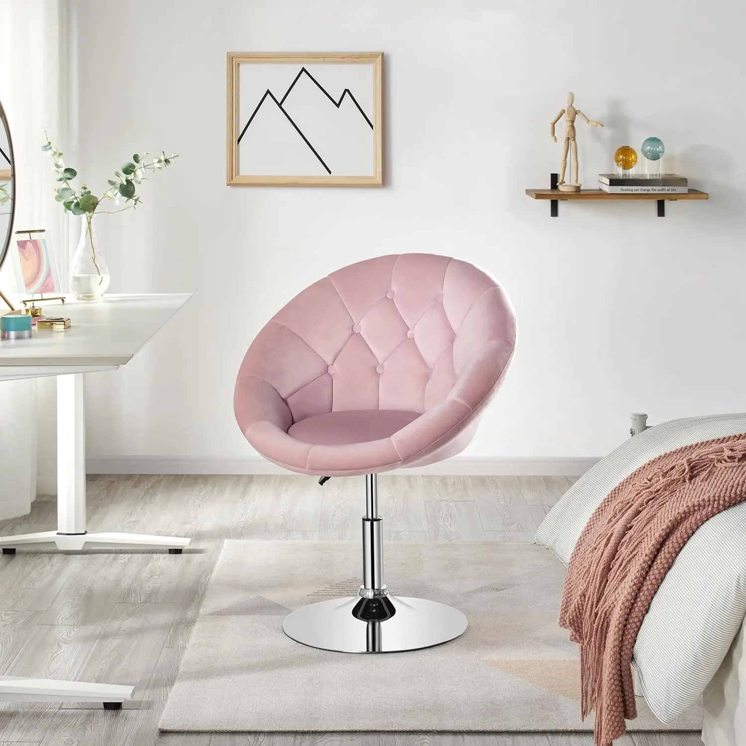 Vanity Chair Makeup Velvet Round Tufted Back Swivel Accent with Chrome Frame Height Adjustable for Room, Bedroom, Pink