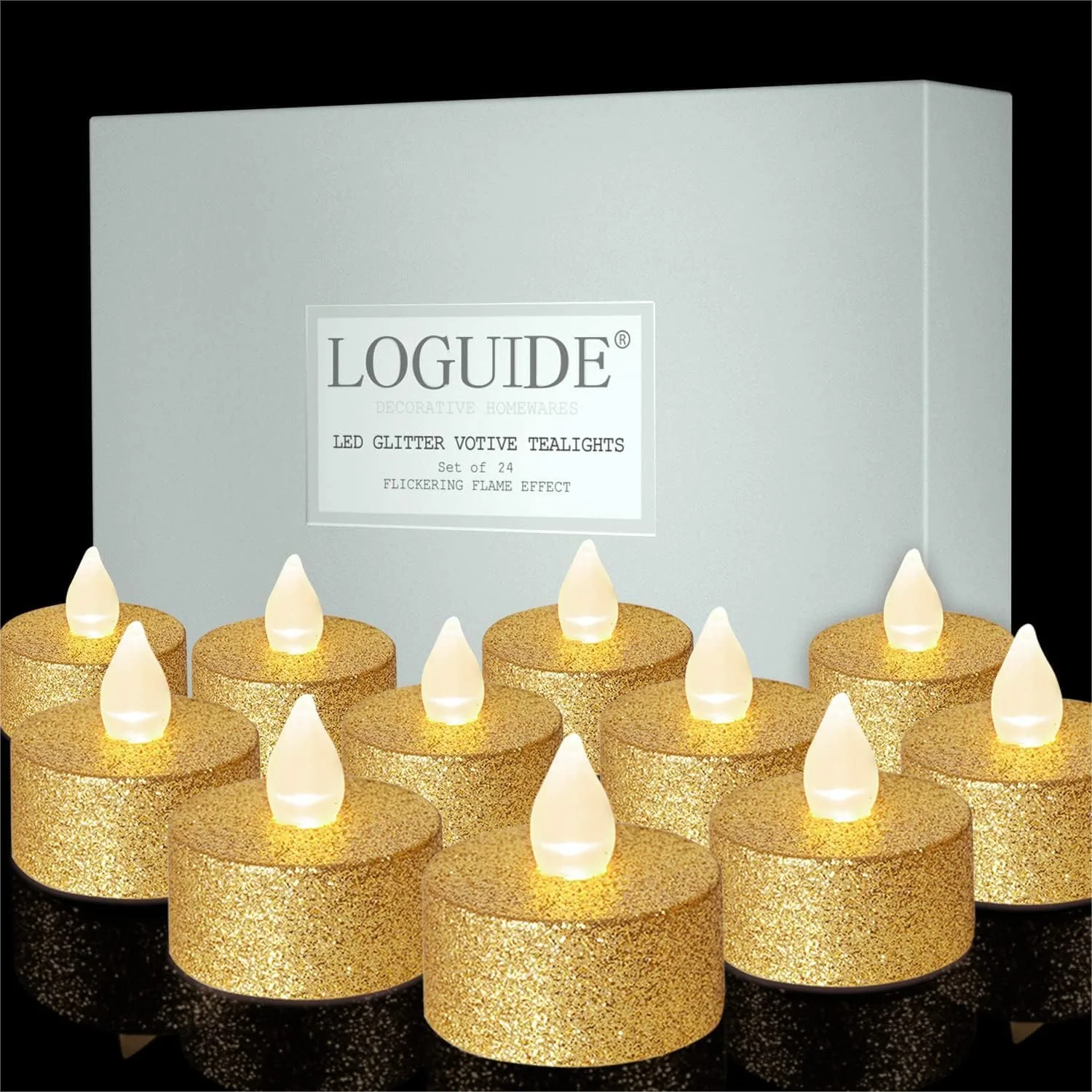 

Gold LED Tea Lights, 24 Pack Flameless Votive Candles with Warm White Flickering Light for Wedding Table Decor