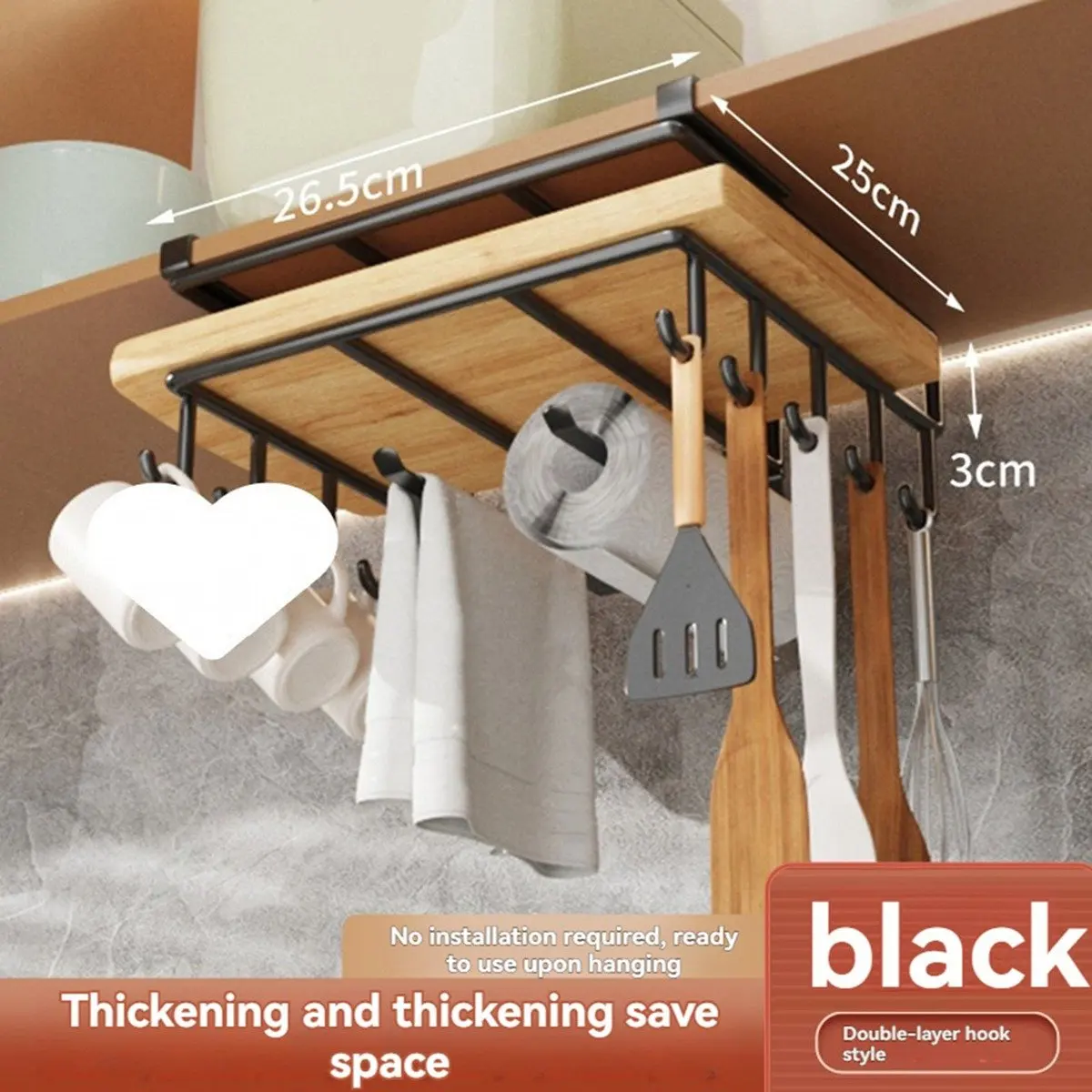 

Кухонный подвесной органайзер с крючками под шкафом, вешалка для бумажных полотенец, разделочная доска, держатель для крышки кастрюли, полка для хранения